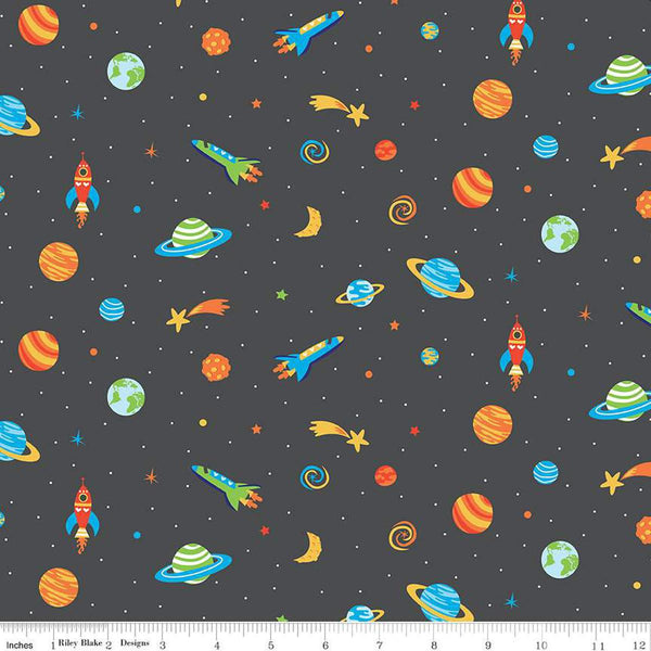 Riley Blake Blast Off Outer Space by Shawn Wallace Cotton Flannel in Charcoal - F12591-CHARCOAL