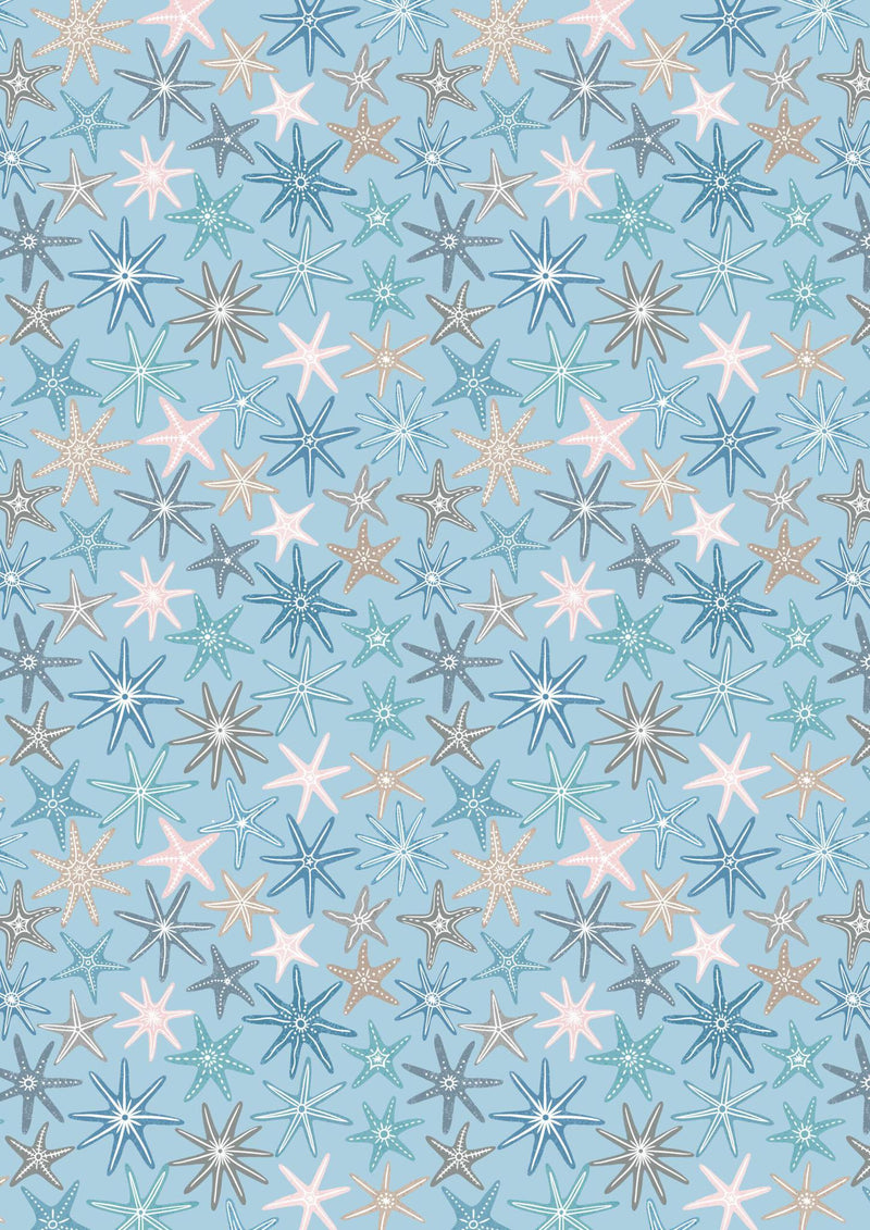 Lewis and Irene Ocean Pearls - Multi starfish on sunny blue with pearl - A829.2 - Sewjersey.com