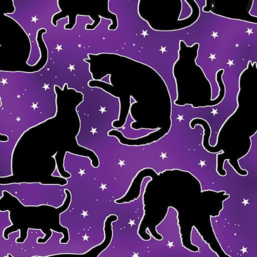 Benartex Halloween Spirit - Spooktacular Cats Purple- Glow in the Dark 12545G-66 - Sewjersey.com