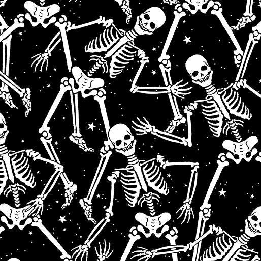 Benartex Halloween Spirit - Skeleton Crew Black - Glow in the Dark 12542G 12 - Sewjersey.com