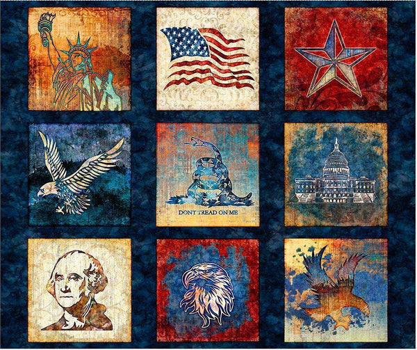 Liberty, Glory, Freedom Patriotic Blocks on Navy Quilt Panel by Dan Morris For Quilting Treasures - Sewjersey.com