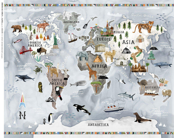 Michael Miller Around the World by Katie Vernon DDC10603 Multi 36" World Map Panel - Sewjersey.com
