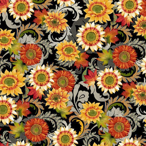 Studio e Autumn Flourish by Art Loft Sunflower Flourish Black 6329 99 - Sewjersey.com