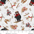 Pattern of bears, raccoons, and moose skiing and sledding on a white background with snowflakes.