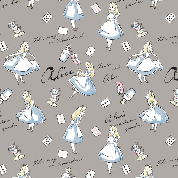 Camelot Fabric Disney Alice in Wonderland - Gray Alice Toss - 85020001-01
