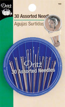 A package of 30 assorted Dritz hand sewing needles with a metal needle threader