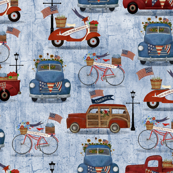 3 Wishes Patriotic Summer by Beth Albert - Patriotic Vehicles Blue - 17345 BLU - Sewjersey.com
