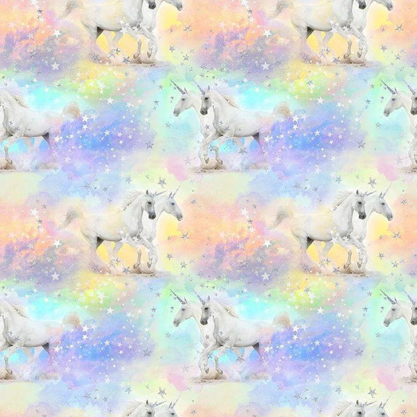 Timeless Treasures Unicorns and Stars Metallic - Digital Glitter Metallic-Pastel FUN-CDM2946-PASTEL - Sewjersey.com