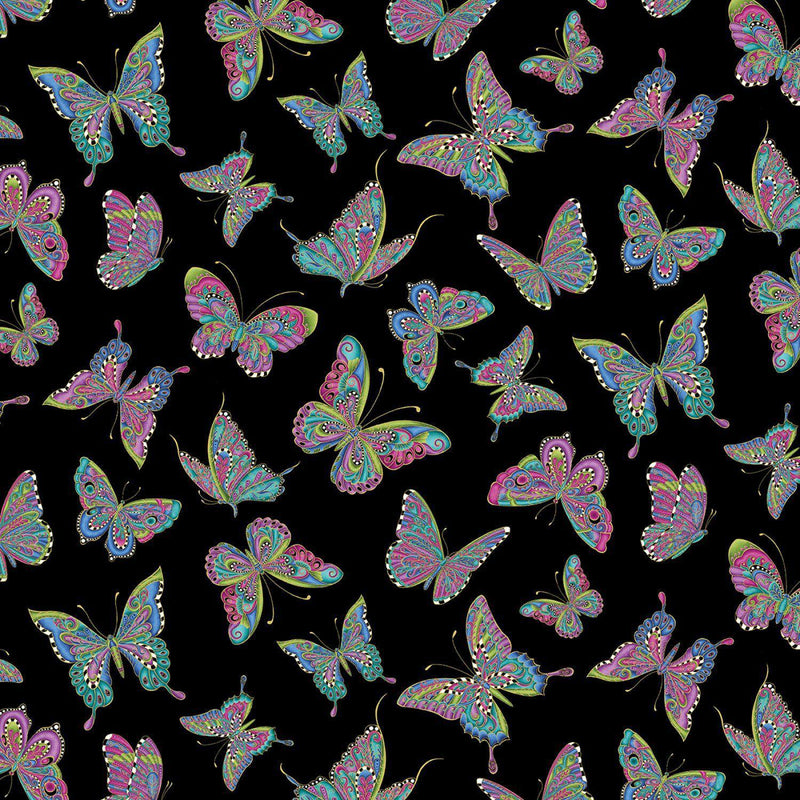 Benartex Alluring Butterflies by Ann Lauer - Small Butterflies Afllutter Black/Multi - 13311M-12 - Sewjersey.com