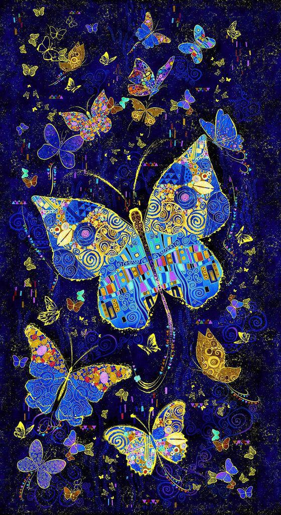Timeless Treasures Wings of Gold by Chong-a Hwang - Klimt Metallic Butterfly Panel 24" PANEL-CM2600  NAVY