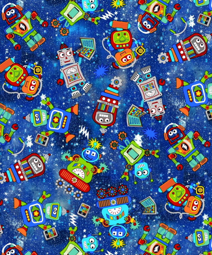 Oasis Fabrics Fun Flannels - Space Robots Blue - OA-44-7471 - Sewjersey.com