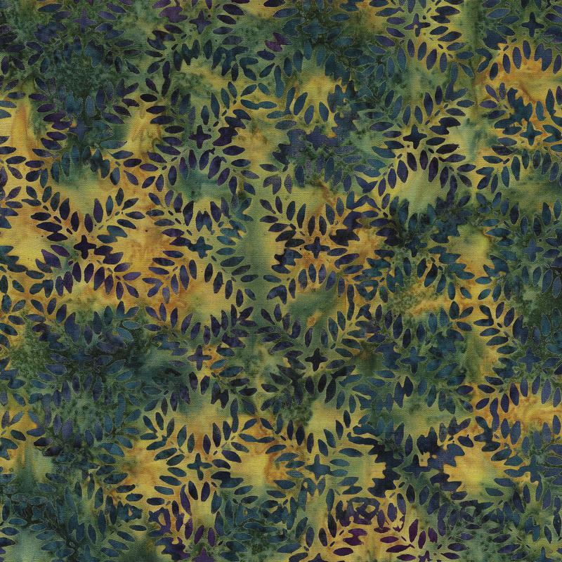 Island Batik Prairie Dreams Leaf Block - Multi Green Gold Orange