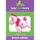 Front cover of the Aristotle Axolotl sewing pattern from Funky Friends Factory. It features a friend shaped pink axolotl. 