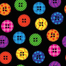 Close up of the fabric Bright Buttons available for the Arrow Sewing Chair. it features brightly colored patterned buttons on a black background