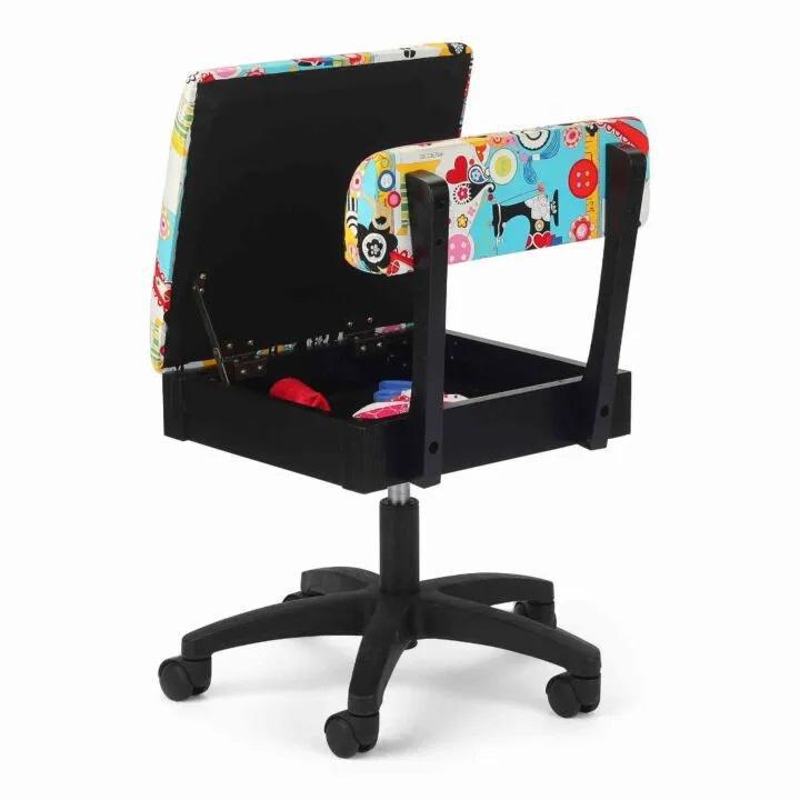 Arrow Sewing Chair with the fabric sew wow sew now open to show the hidden storage compartment