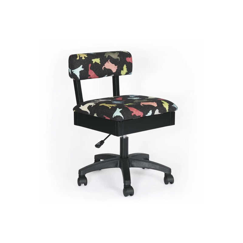 A front view of the Arrow Hydraulic Sewing Chair featuring the fabric pattern "good dog" 