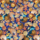 Pattern of seashells and starfish on a blue background