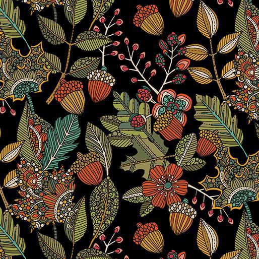 Benartex Pumpkin and Spice by Valentina Harper - Pumpkin & Spice Leaf Medley Blk 13435-12 - Sewjersey.com