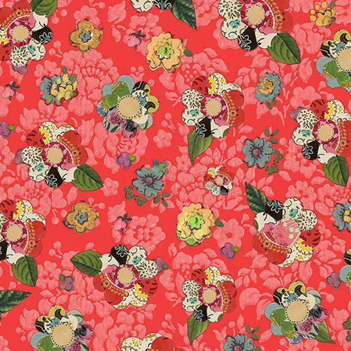 Benartex Soul Shine & Daydreams by Kelly Rae Roberts Collage Flower Dark Coral 10347 39 - sewjersey.com