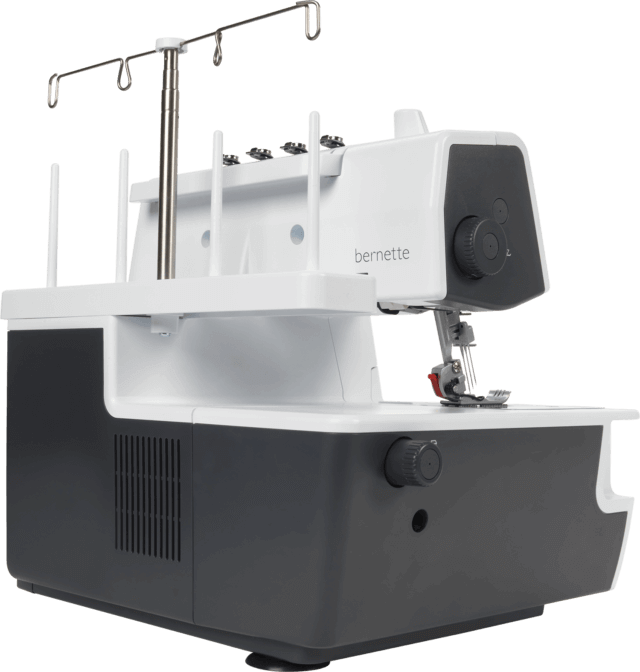 Bernette 42 Funlock 4 Thread 3 Needle Coverstitch Machine Back View showing the spool stands - sewjersey.com