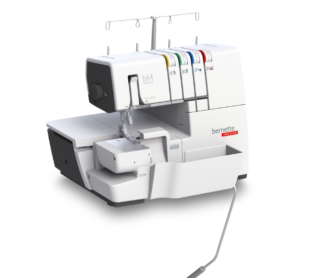 Bernette 64 AIRLOCK Front Angle Showing Knee Lifter - sewjersey.com