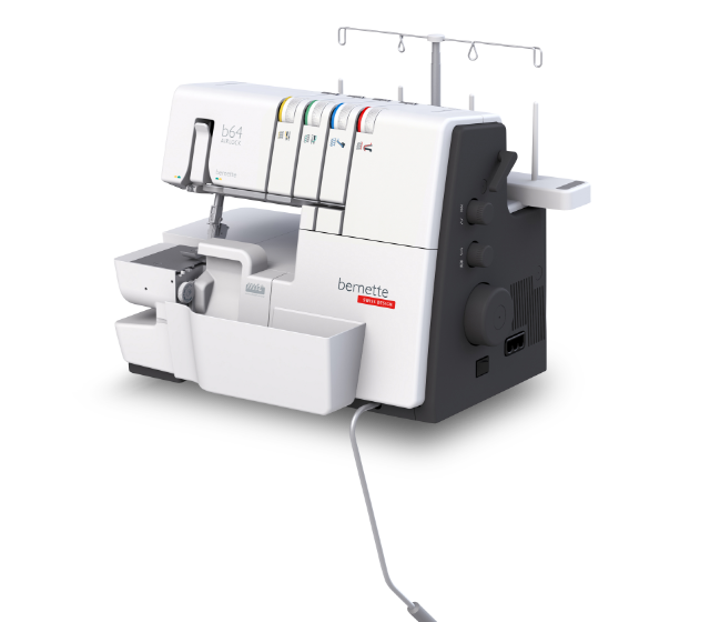 Bernette 64 AIRLOCK Front View Showing Side of the Machine with Knee Lifter Attached - sewjersey.com