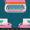 Best Day Ever Canvas Teal RS0108 23L Ruby Star 70% Cotton 30% Linen Canvas Fabric - canvas fabric featuring pop art style vintage pink typewriters on a solid teal background