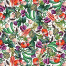 A fabric swatch featuring densely packed assorted veggies on a white background. The selection includes cucumbers, tomatoes, onions, beets, artichokes, leafy greens, and mushrooms.