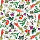 A fabric swatch featuring assorted tossed veggies on a white background. It includes tomatoes, onions, beets, artichokes, leafy greens, carrots, cucumbers, and mushrooms. 
