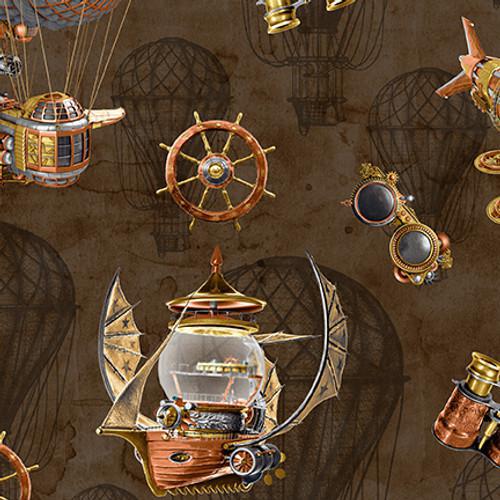 Blank Fabrics Full Steam Ahead Airships 3937-39 Brown - sewjersey.com