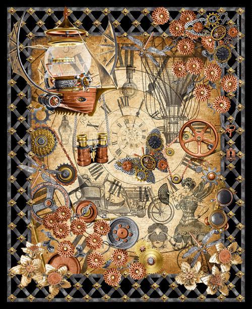 Blank Fabrics Full Steam Ahead by Urban Essence Designs Steampunk Panel 3942P-41 Parchment - sewjersey.com