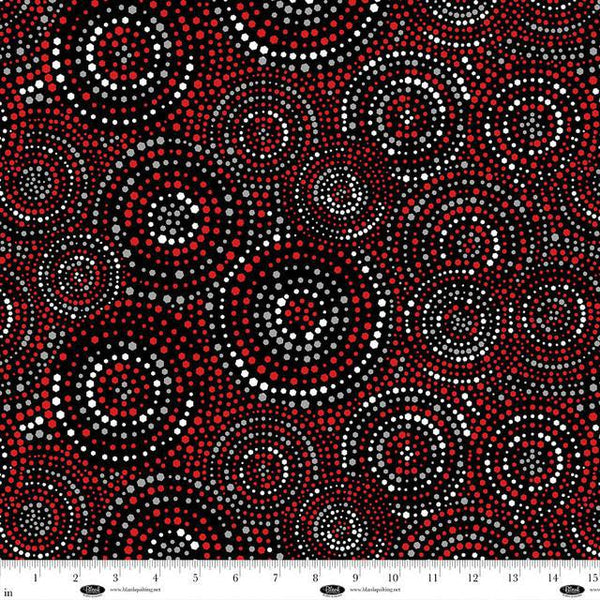 Blank Quilting 4185-88 Red/Black/White Hexi-Dots 108" wide 100% Cotton Fabric - a 108" wide fabric patterned with red, white, and gray geometric dotted swirls on a black background
