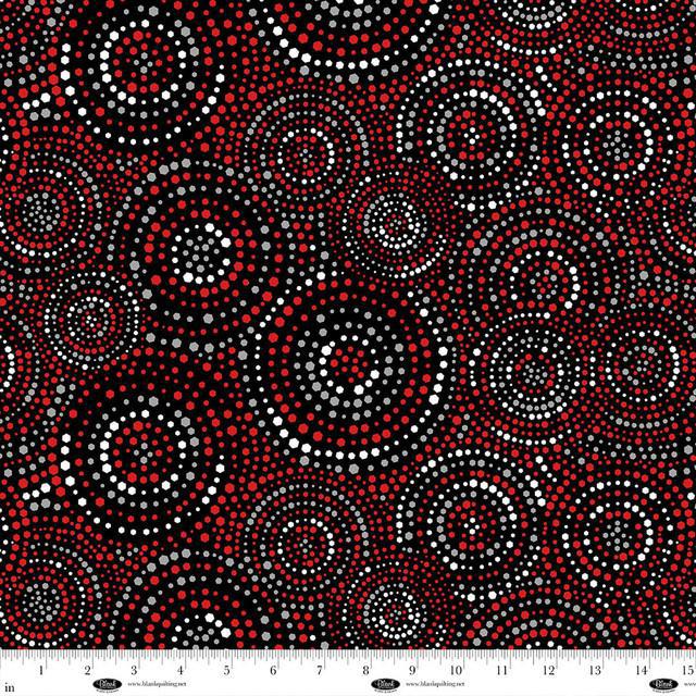 Blank Quilting 4185-88 Red/Black/White Hexi-Dots 108" wide 100% Cotton Fabric - a 108" wide fabric patterned with red, white, and gray geometric dotted swirls on a black background