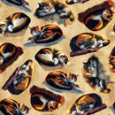 Pattern of calico cats lounging on cushions and rugs with a beige background.
