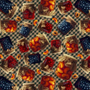 Pattern of tossed jars of fruit on a diagonal checkered pattern