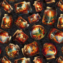 A fabric swatch patterned with tossed glass jars on a black background. The glass chairs feature various autumnal mountain scenes