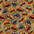 Pattern of pie slices on plates with different fruits on a brown background