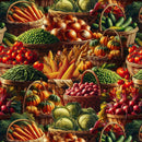A Fabric swatch featuring baskets of assorted vegetables