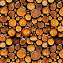 Pattern of stacked wooden logs with various shades of brown and orange.