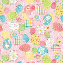 Easter themed fabric swatch featuring patterned eggs in pastel colors and flowers on a light pink background. 