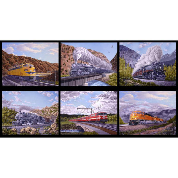 Blank Quilting Locomotion by Mark Desobeau Train Blocks Panel Black - 9469 99 - Sewjersey.com