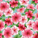 Pattern of pink hibiscus flowers with green leaves on a blue background