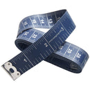 Blue measuring tape with white markings on a white background