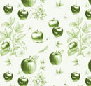 Pattern of green apples and leaves on a white background
