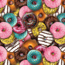 A dense, seamless pattern of assorted glazed donuts in various colors and toppings, including pink, chocolate, yellow, and sprinkled donuts.