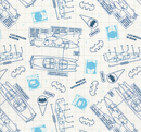 illustrations of the batmobile, batman, robin, and the bat symbol on a white background with blue grid lines