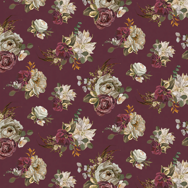 Floral pattern with roses and leaves on a dark red background