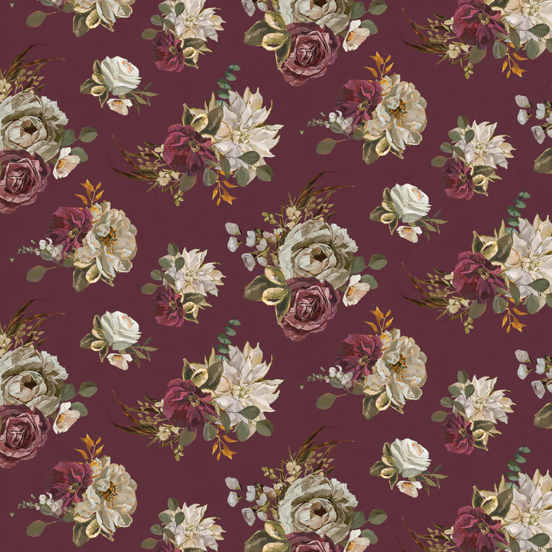 Floral pattern with roses and leaves on a dark red background