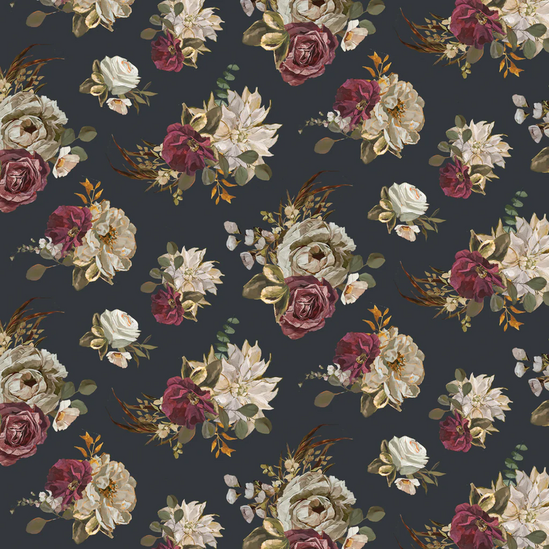 Floral pattern with roses and other flowers on a dark background
