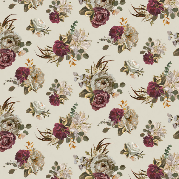 Floral pattern with purple and white flowers on a beige background